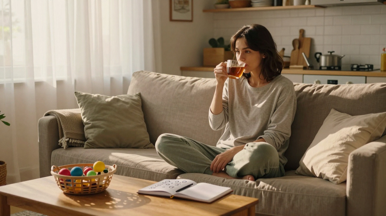Mulher sentada no sofá a beber chá, com livro aberto e cesto de bolas coloridas na mesa de madeira.