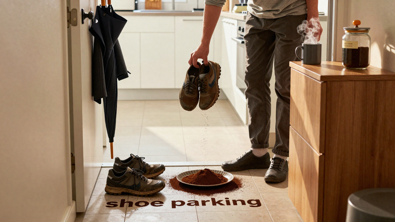 Pessoa a tirar terra de sapatos junto a placa no chão que diz "shoe parking" numa cozinha.