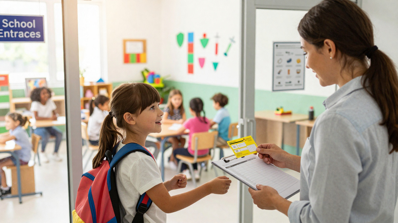 Criança com mochila a entregar cartão a professora na entrada da sala de aula com alunos ao fundo.