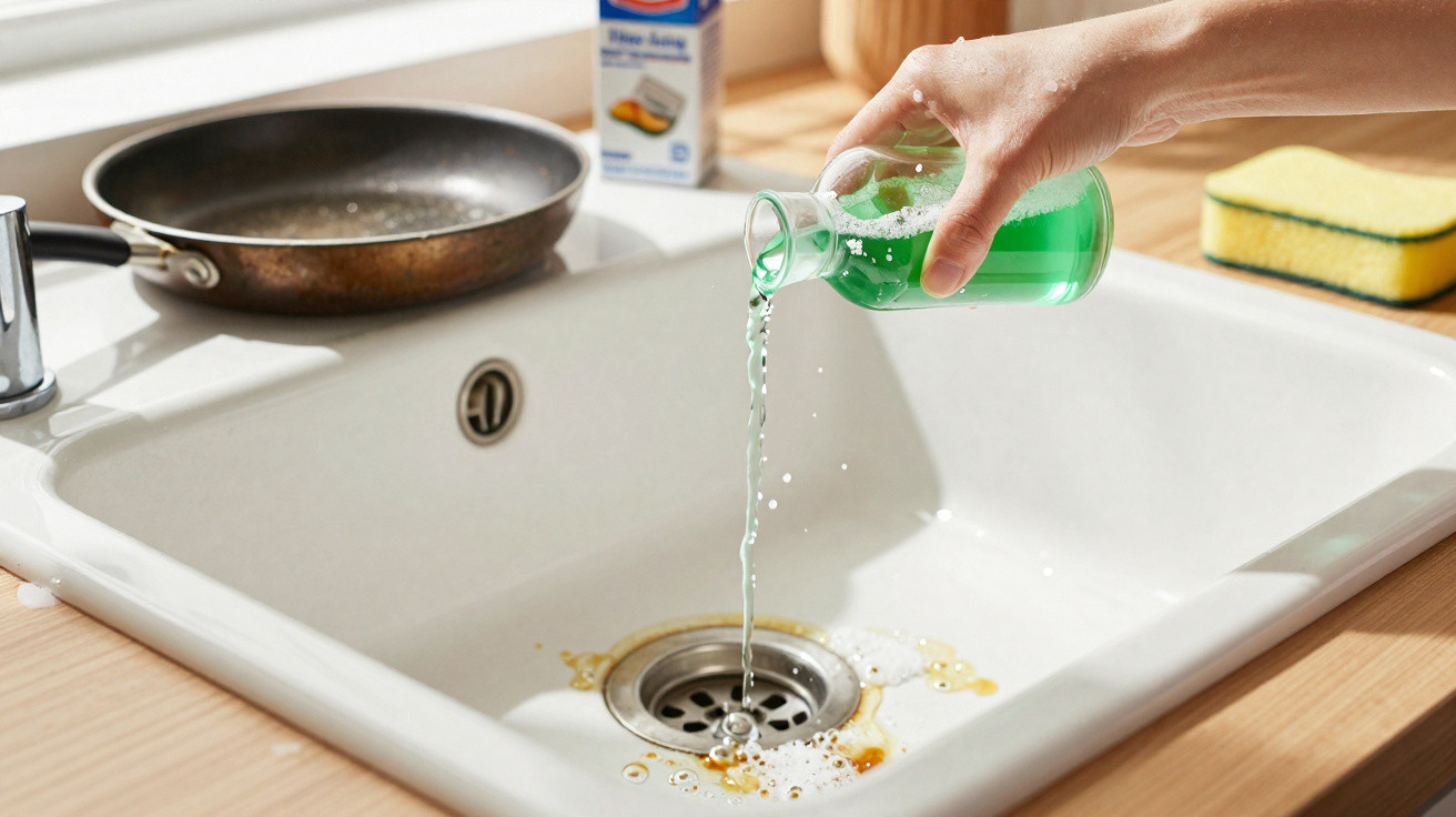 Pessoa a verter líquido verde no ralo de uma pia para desentupir, com frigideira e esponja ao fundo.