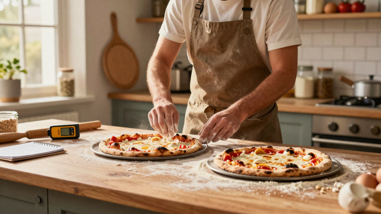 Pessoa a preparar duas pizzas caseiras numa bancada de cozinha com farinha espalhada.