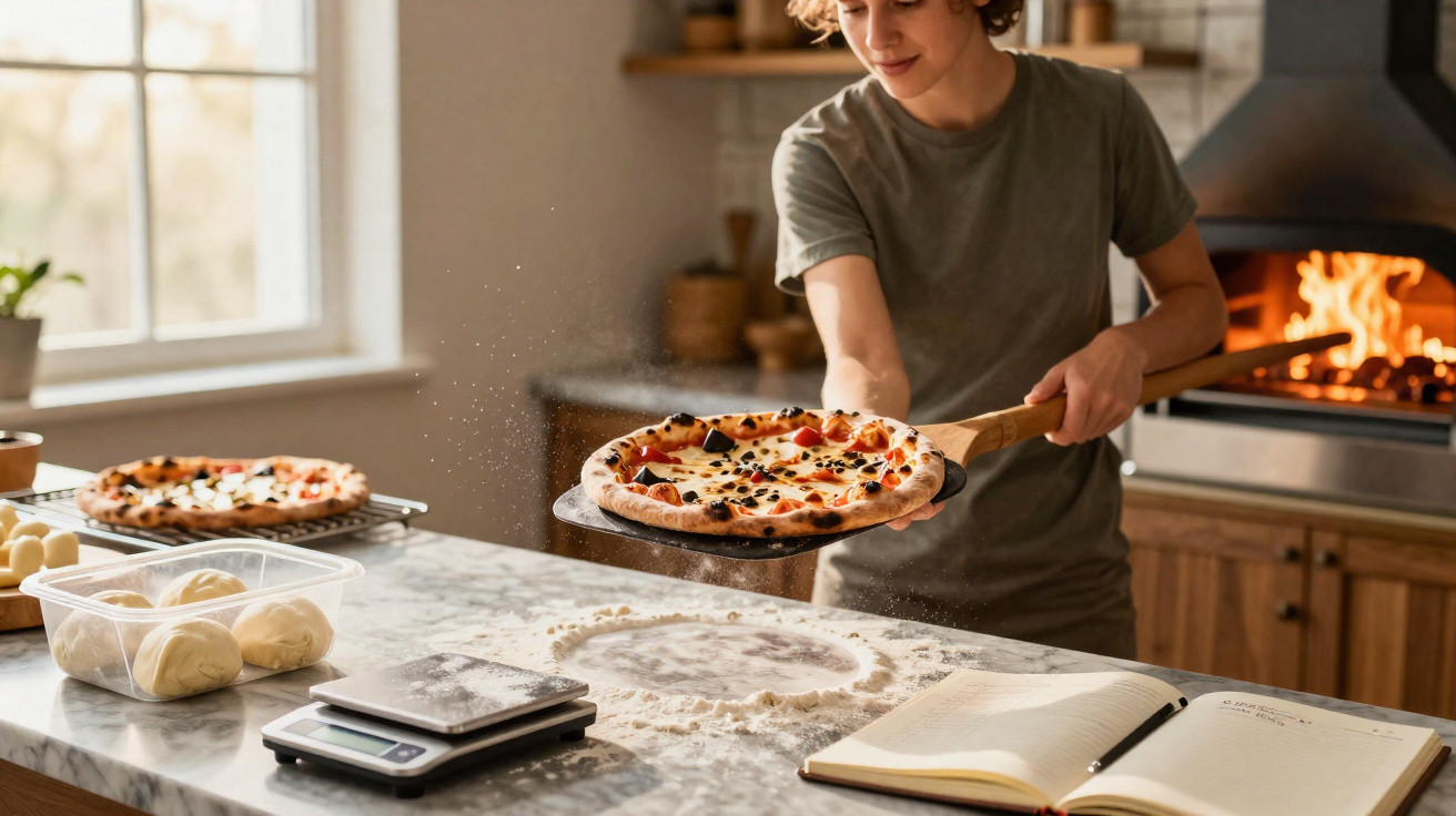 Pessoa a retirar pizza do forno a lenha numa cozinha com bancada de mármore e livro aberto.