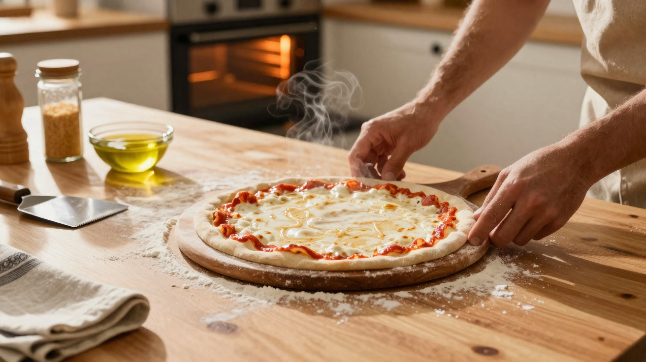 Mãos ajustam pizza com queijo derretido fumegante sobre tábua de madeira numa cozinha iluminada.