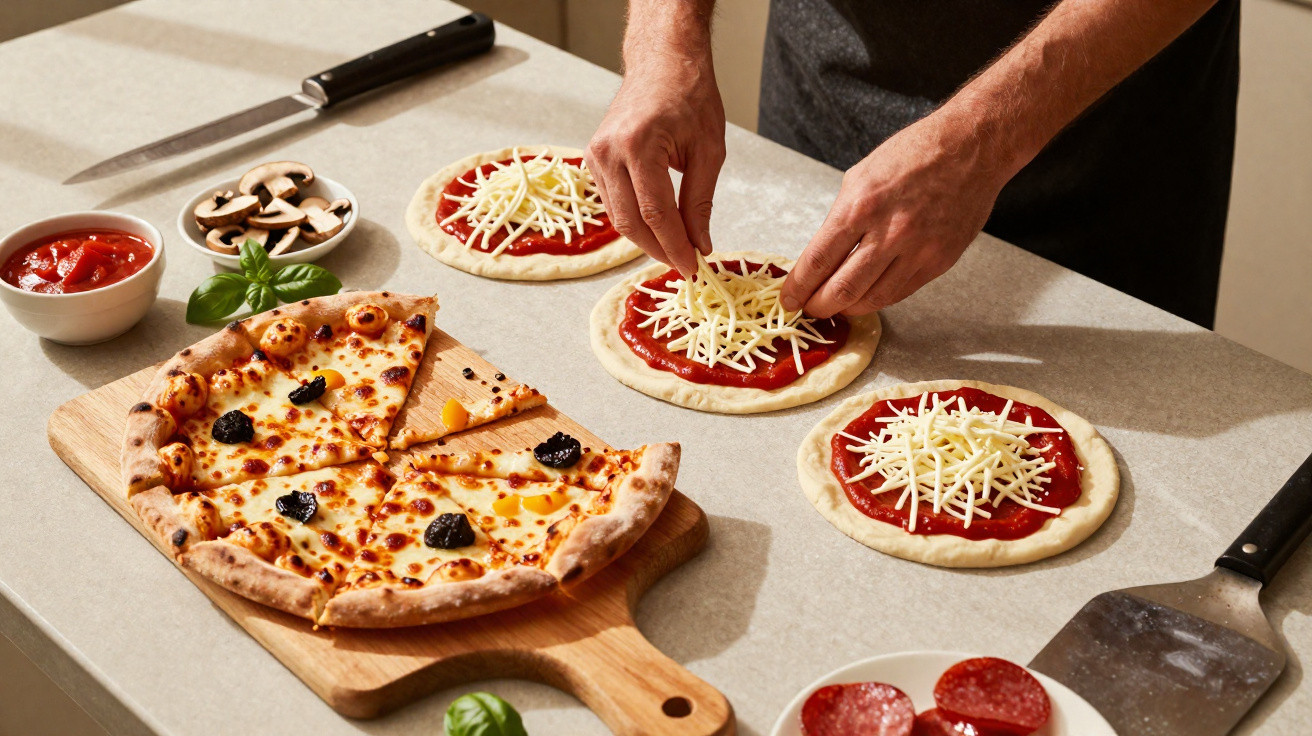 Mãos a preparar mini pizzas com molho e queijo numa bancada, ao lado de pizza fatiada num tabuleiro de madeira.