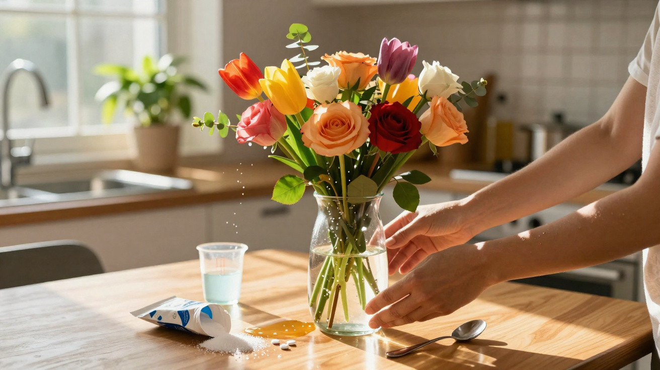Mãos a colocar um ramo colorido de flores num jarro de vidro sobre uma mesa de madeira na cozinha.