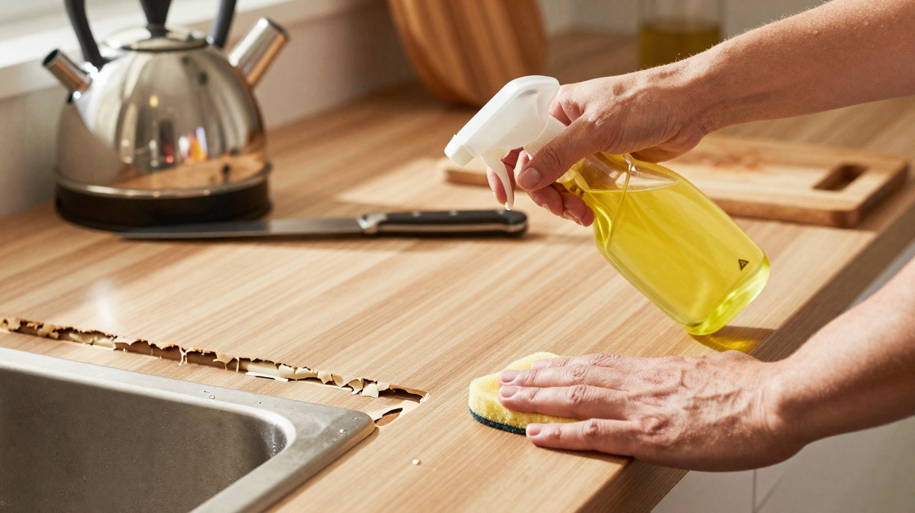 Mãos a limpar uma bancada de madeira danificada com um spray amarelo e uma esponja junto a uma torneira.