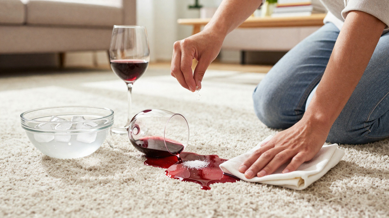 Pessoa a limpar manchas de vinho tinto derramado num tapete claro com sal e um pano branco.
