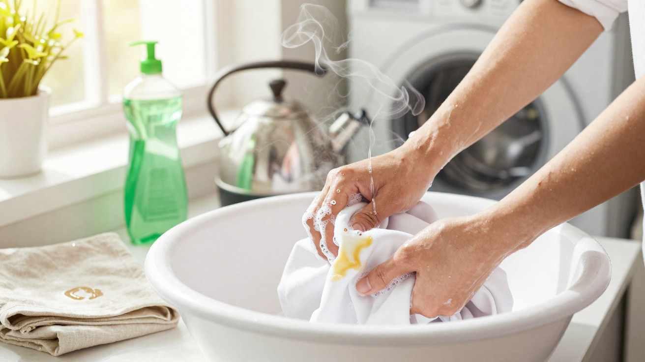 Pessoas a lavar manualmente roupa branca com nódoa amarela numa pia com detergente e chaleira ao fundo.