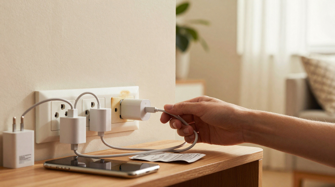 Mão a ligar carregador USB a tomada, com telemóvel sobre móvel de madeira e três adaptadores na parede.