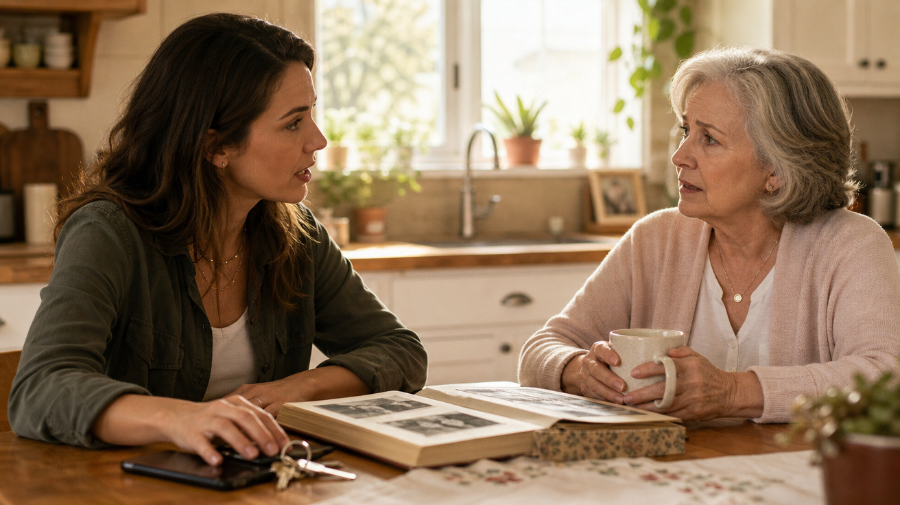 Duas mulheres a conversar numa cozinha, com um álbum de fotografias aberto sobre a mesa.