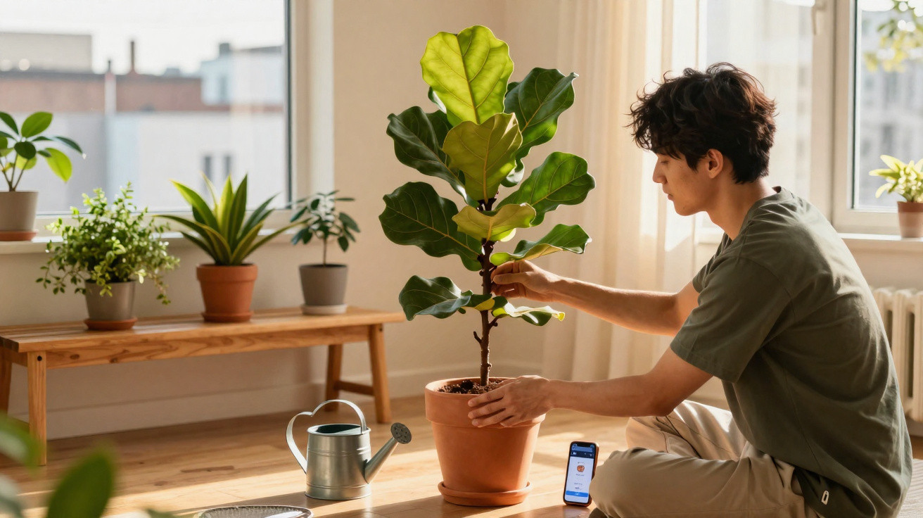 Jovem a cuidar de planta em vaso numa sala iluminada, com regador e outras plantas ao fundo.