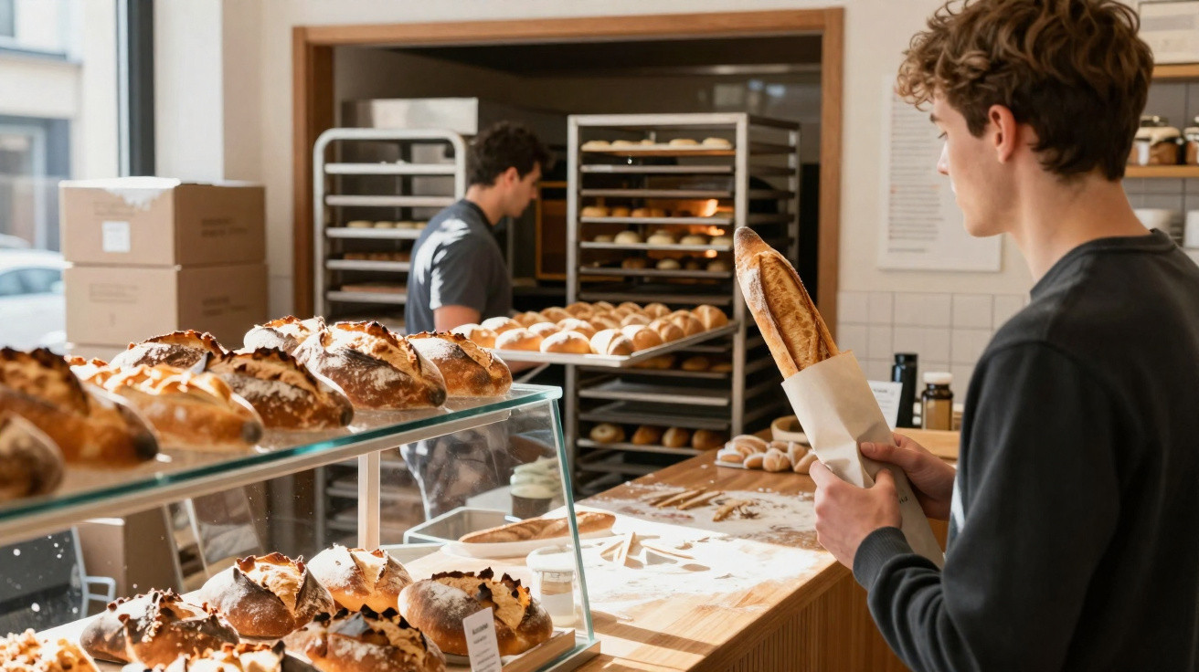 Cliente a segurar uma baguete num interior de padaria com pães frescos e funcionário ao fundo.