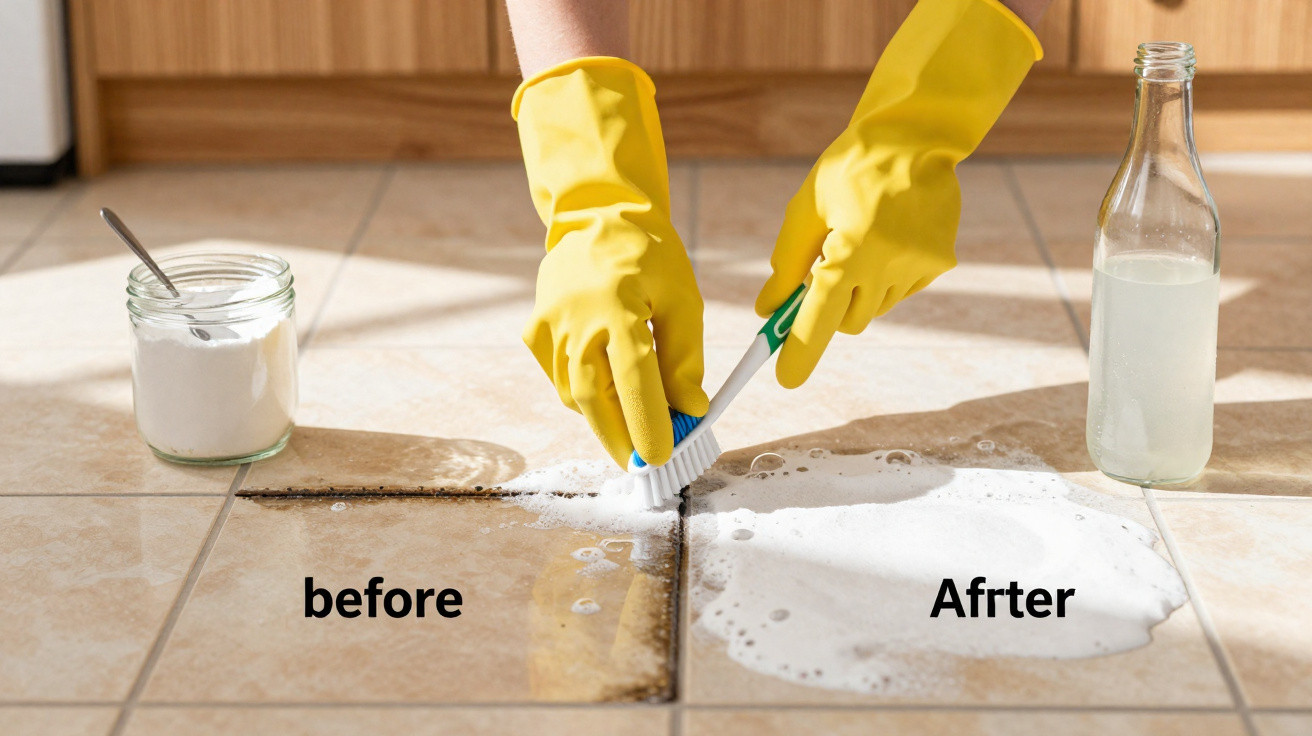 Mãos com luvas amarelas a esfregar sujidade entre os azulejos do chão com escova e espuma de limpeza.