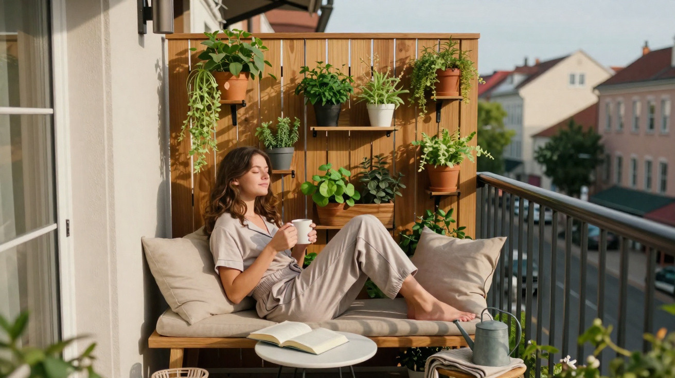Mulher relaxa numa varanda acolhedora com plantas, sentada num banco com almofadas a beber chá.