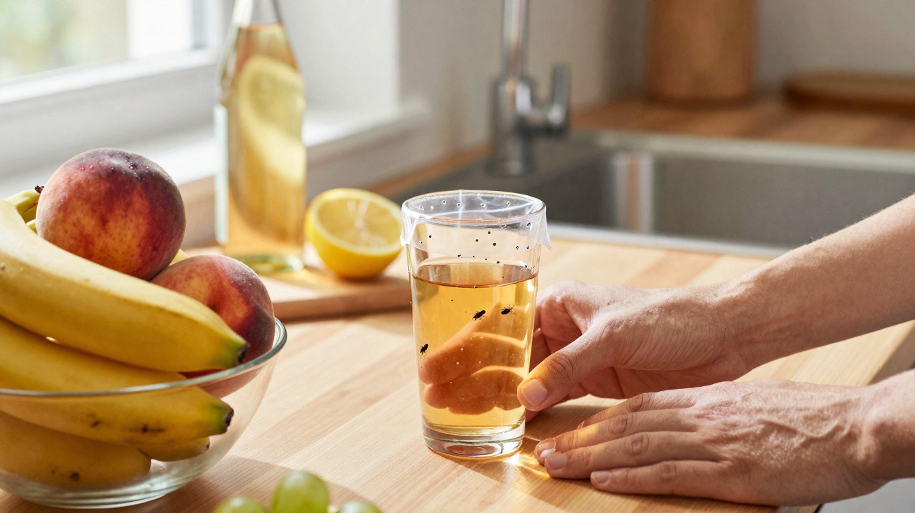 Pessoa segurando copo com água infestada de mosquitos numa cozinha com frutas na bancada.