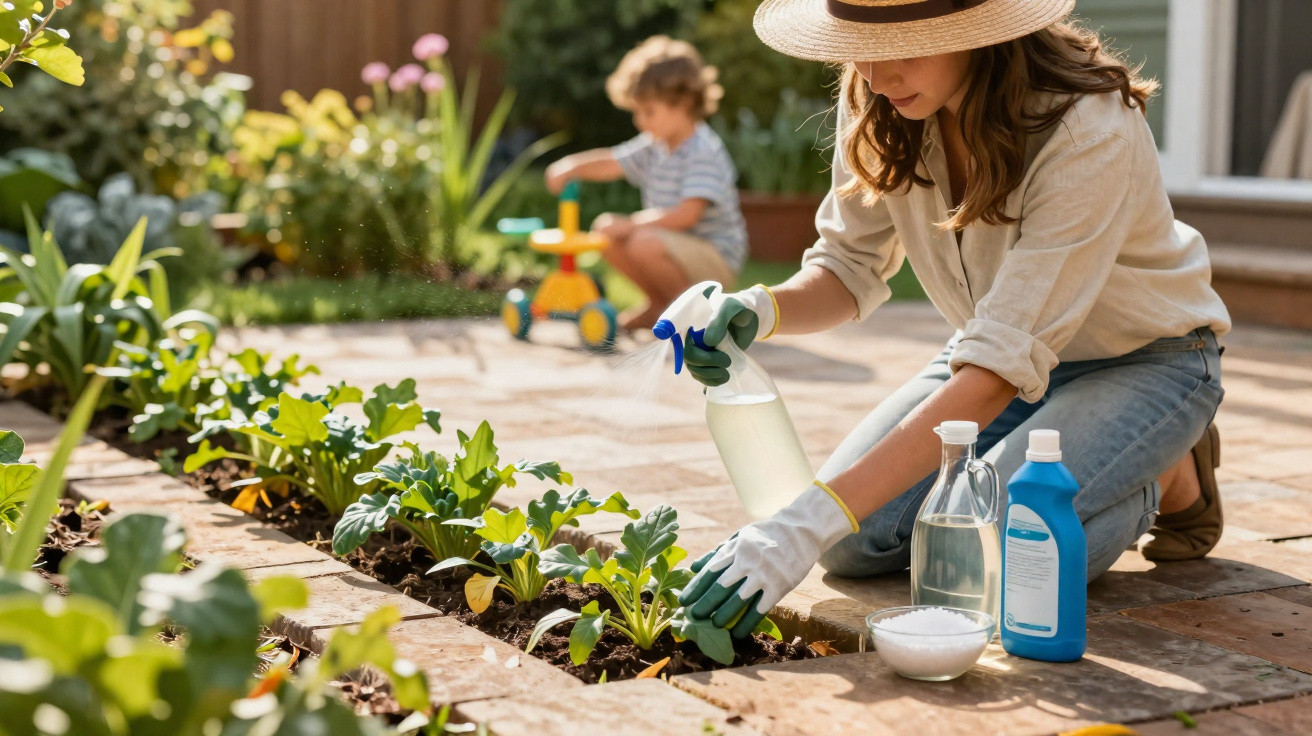 Mulher com chapéu a pulverizar plantas numa horta, criança a brincar ao fundo num jardim ensolarado.