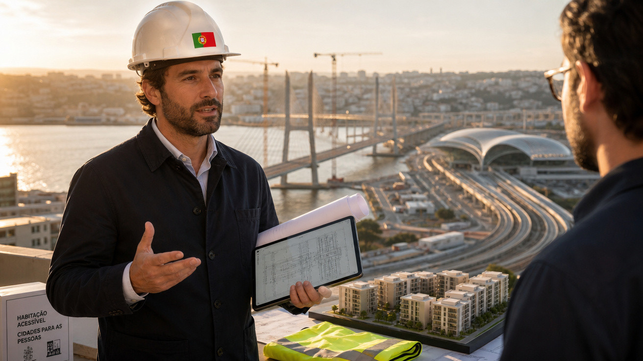Engenheiro com capacete e planta discute projeto de urbanização frente a ponte e cidade ao pôr do sol.