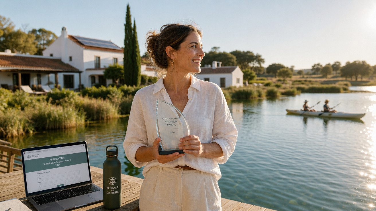 Mulher sorridente segura prémio de turismo sustentável numa esplanada junto a lago com caiaques.