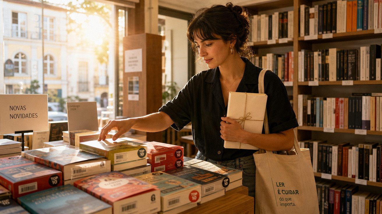 Mulher numa livraria a escolher livros num balcão com sacola de pano ao ombro iluminada pelo sol.