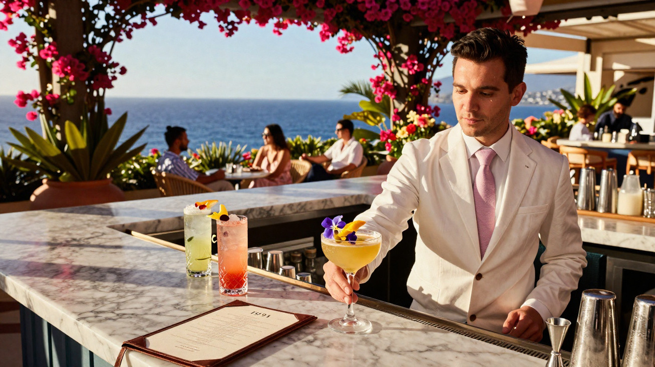 Bartender entrega cocktail decorado com flores num bar ao ar livre com vista para o mar.