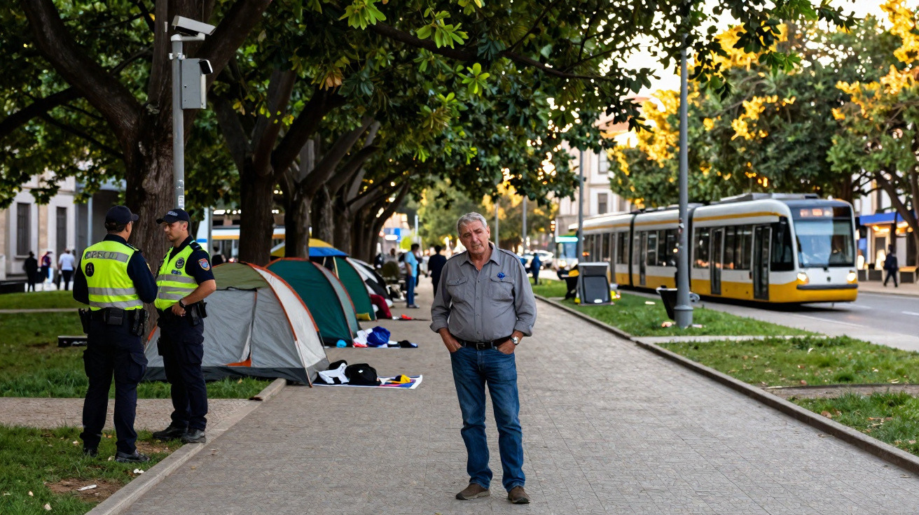 Homem parado numa calçada perto de tendas, polícias e um elétrico numa rua arborizada.