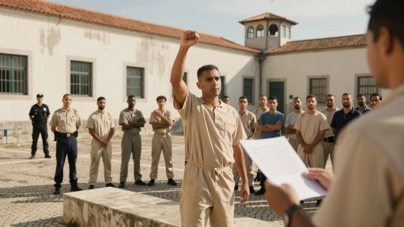 Homem em uniforme bege com punho erguido diante de grupo e guarda prisional num pátio fechado.