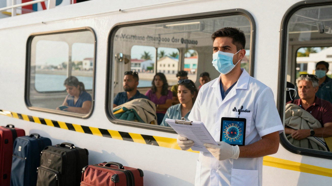 Médico de máscara e luvas com prancha em fila ao lado de malas e passageiros num barco.