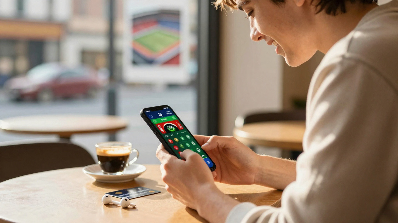 Pessoa sorridente a usar smartphone numa mesa com café, auriculares e cartão, num ambiente luminoso.