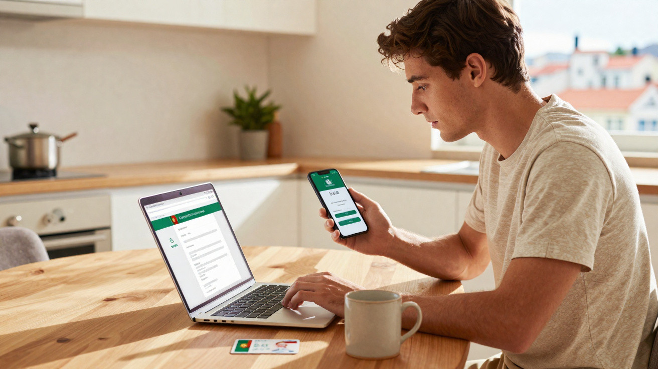 Jovem sentado à mesa a usar telemóvel e computador portátil numa cozinha moderna bem iluminada.