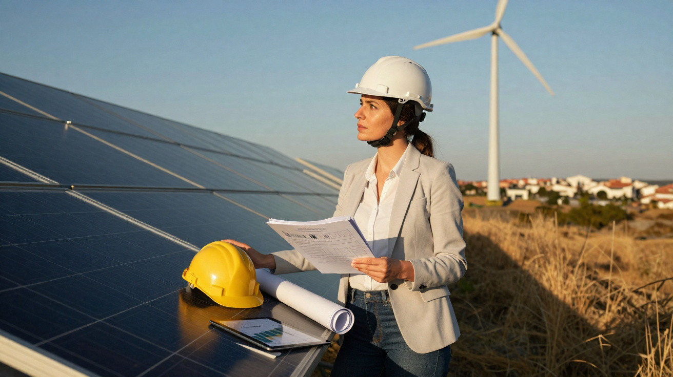 Engenheira com capacete branco inspeciona painéis solares com turbina eólica ao fundo num campo.