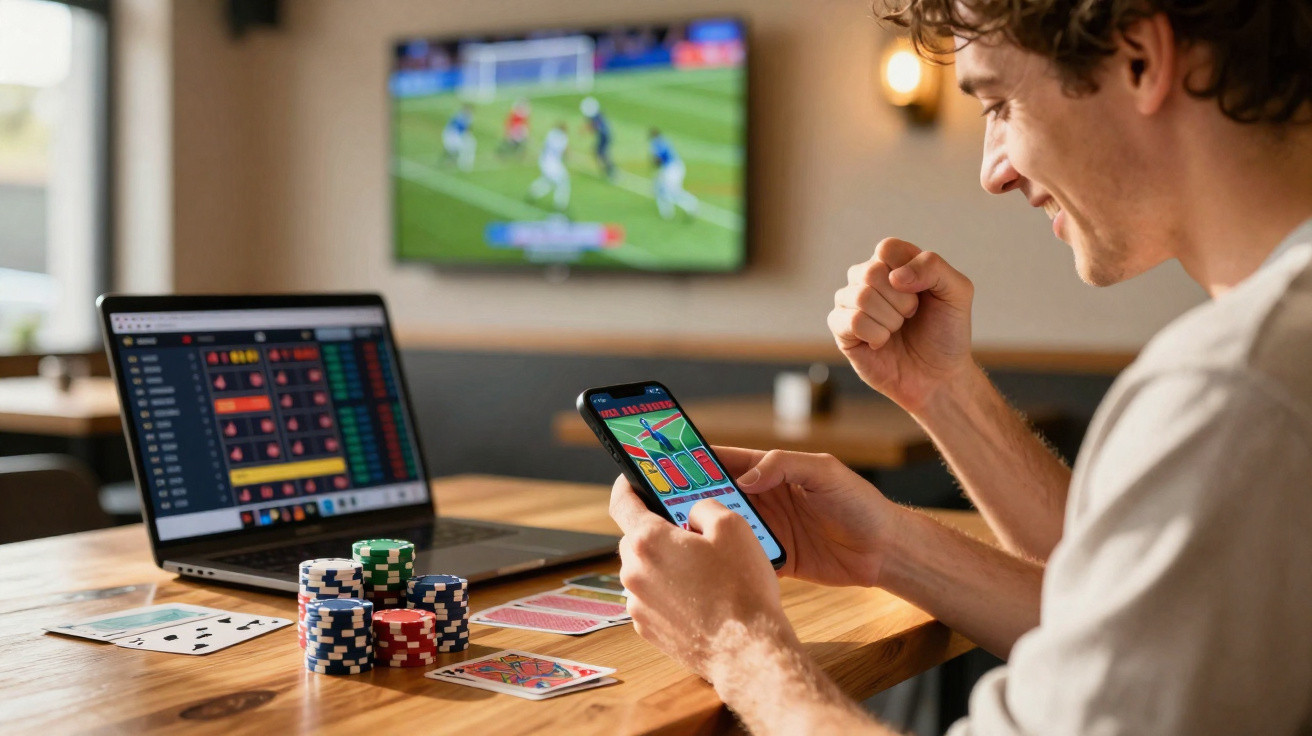 Jovem feliz a jogar num telemóvel com fichas de poker e cartas na mesa, e jogo de futebol na televisão.