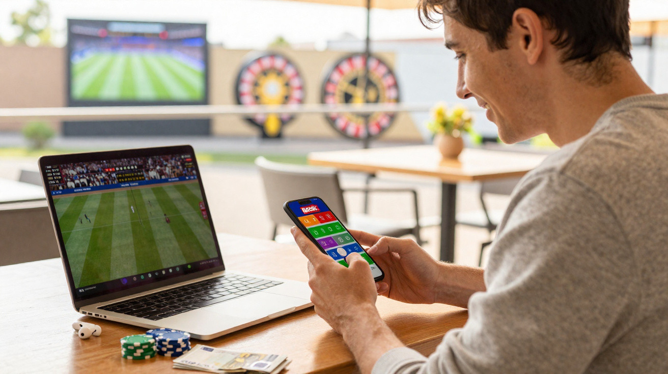 Homem a apostar online com telemóvel e a ver um jogo de futebol num portátil numa mesa com fichas de poker.
