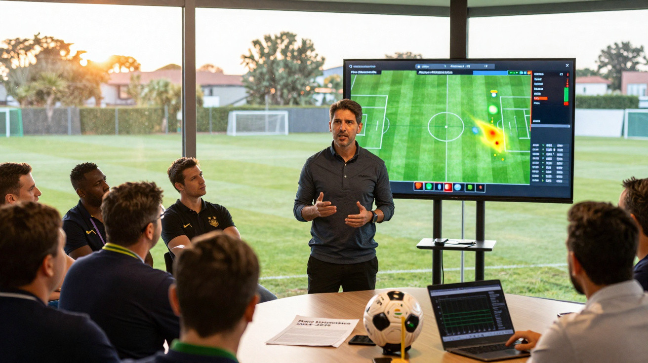 Treinador analisa dados táticos de futebol com equipa durante reunião numa sala junto ao campo.