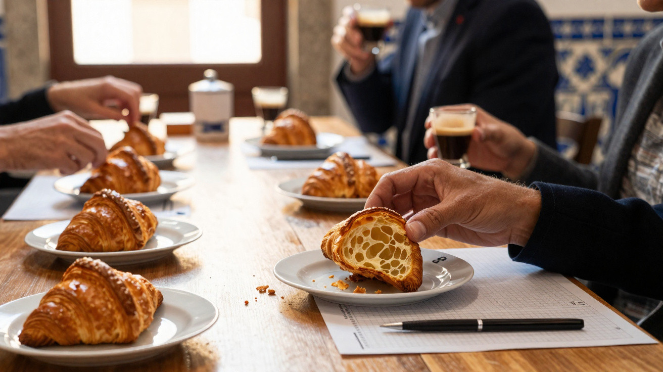 Mesa de madeira com várias pessoas a saborear croissants e café em ambiente acolhedor.