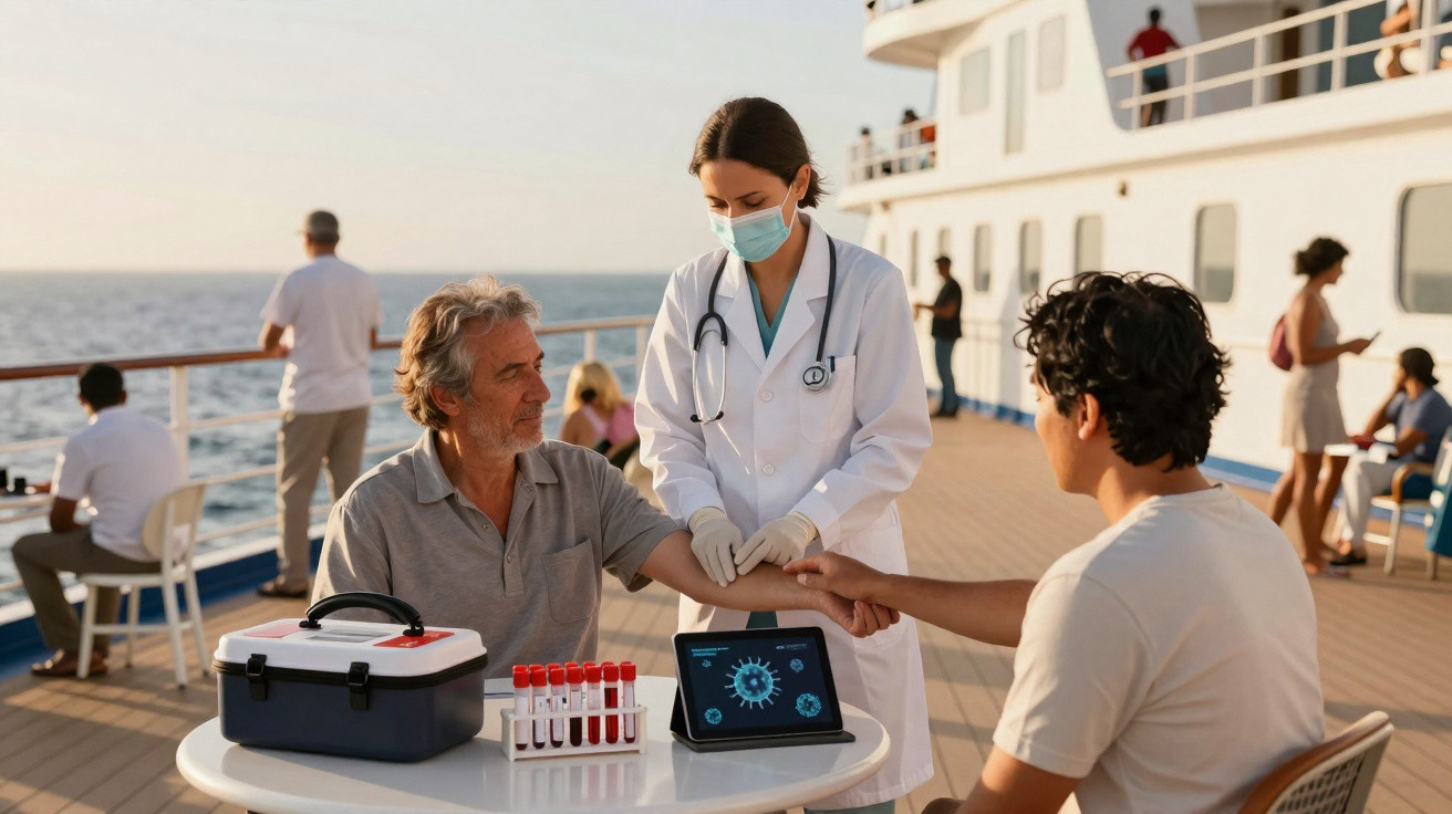 Enfermeira com máscara a recolher sangue de idoso em convés de navio, pessoas e mar ao fundo.