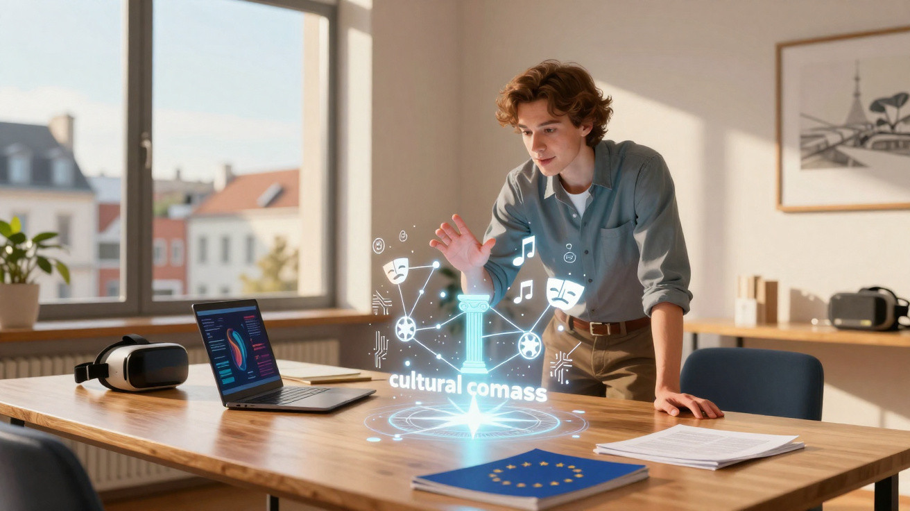Jovem interage com projeção holográfica cultural numa mesa de escritório moderno com laptop e óculos VR.