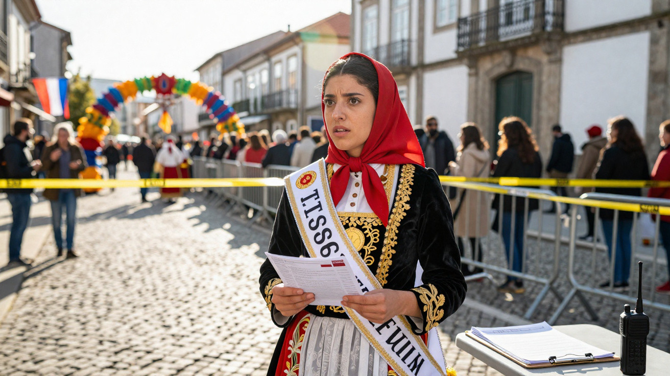 Jovem com traje tradicional e faixa a distribuir folhetos em rua com público e arco decorativo ao fundo.