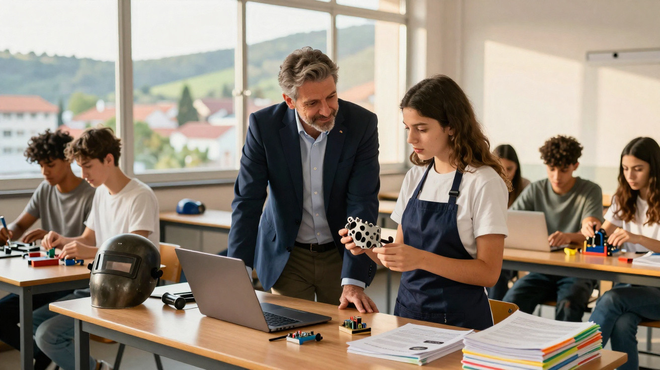 Professor a observar aluna a apresentar projeto de robótica numa sala de aula com outros alunos a trabalhar.