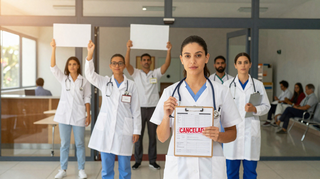 Grupo de médicos com placas a protestar, uma enfermeira segura um papel com a palavra CANCELADO em destaque.