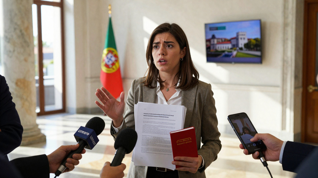Mulher fala para jornalistas segurando documentos e passaporte, com bandeira de Portugal ao fundo.