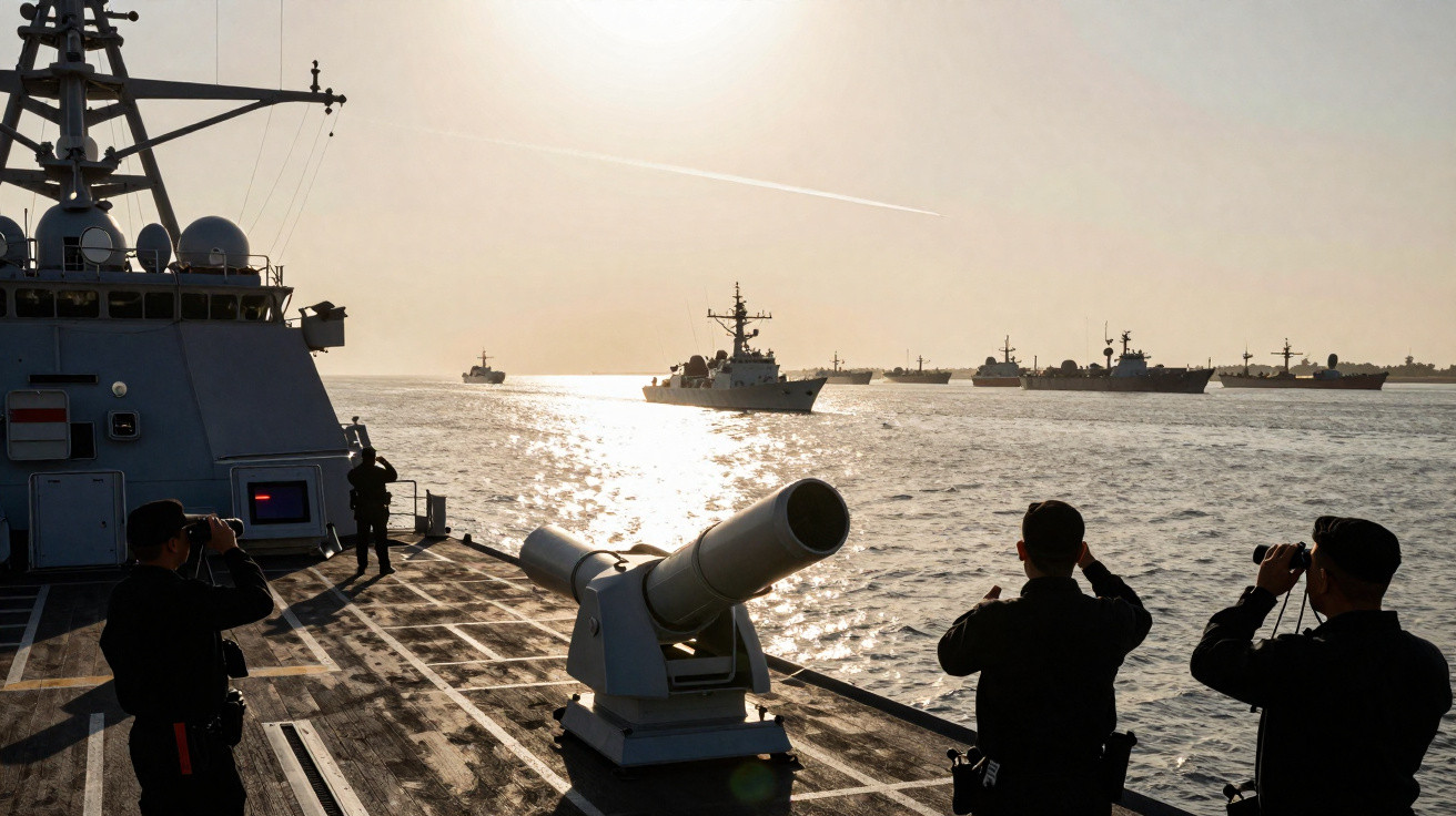 Marinheiros observam com binóculos várias embarcações militares no mar ao pôr do sol, a partir de um navio de guerra.