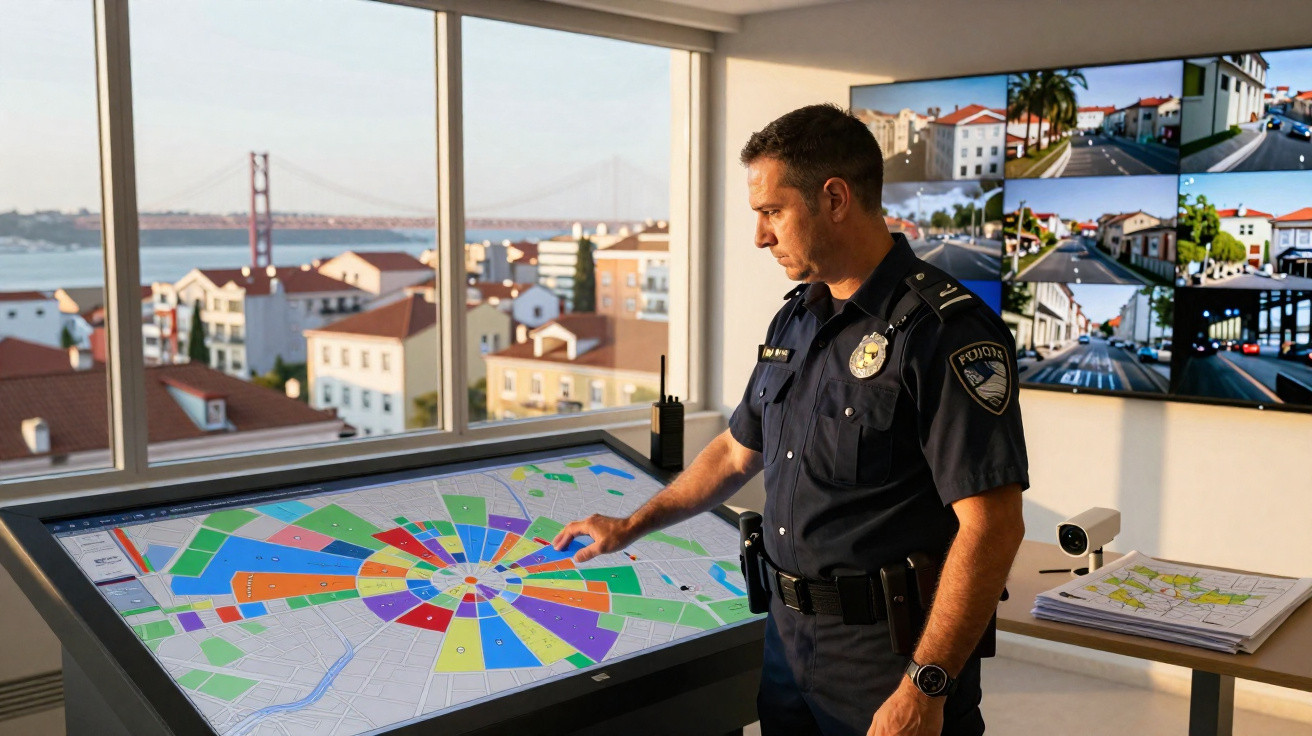 Polícia num posto de controlo urbano a analisar mapas digitais e imagens de câmaras de vigilância.