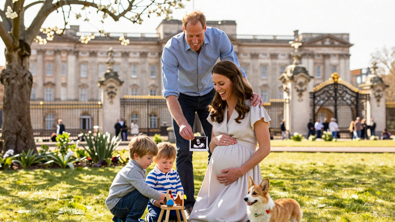 Família no jardim do Palácio de Buckingham, grávida com dois filhos pequenos e um cão Corgi.