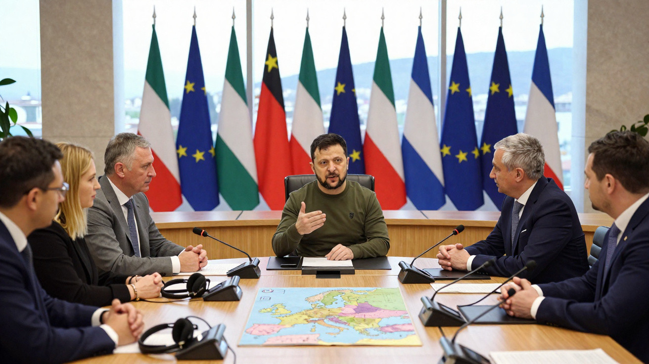 Reunião diplomática com seis pessoas à mesa, bandeiras nacionais e mapa da Europa em destaque.
