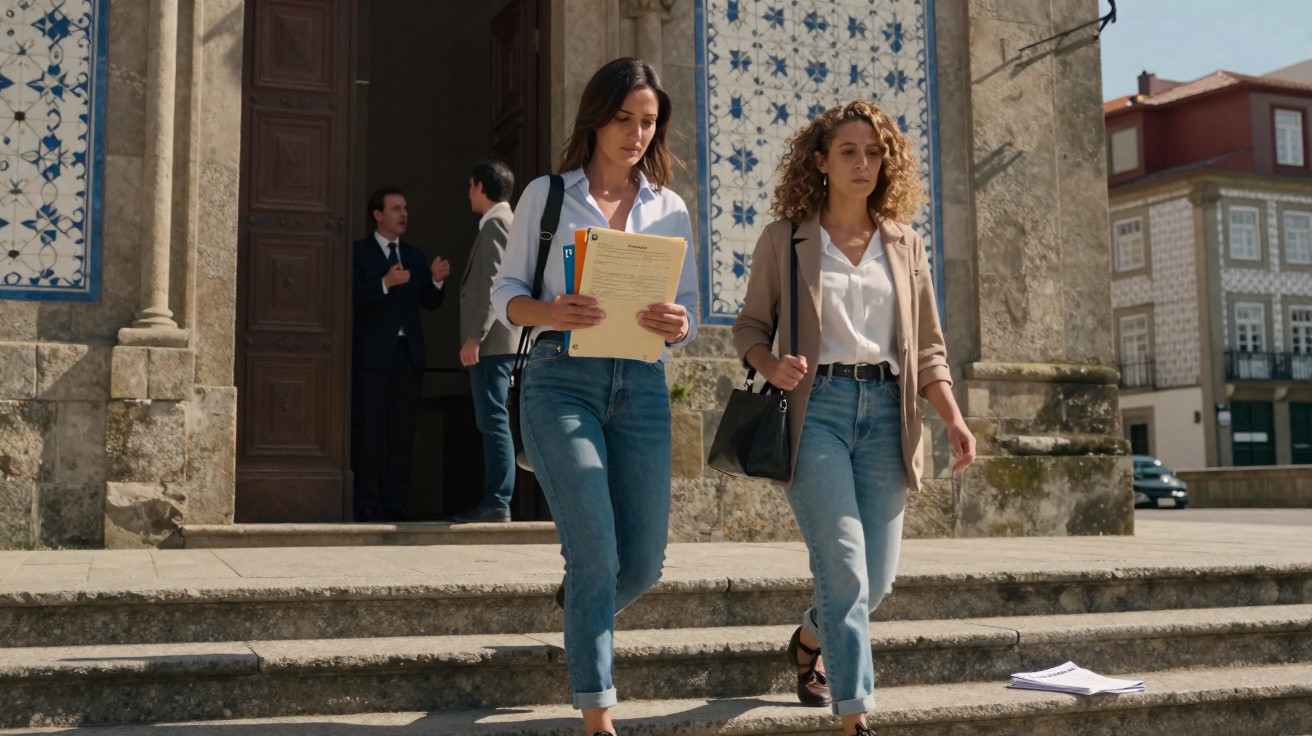 Duas mulheres descendem escadas em frente a um edifício antigo com azulejos portugueses e pessoas conversando à entrada.