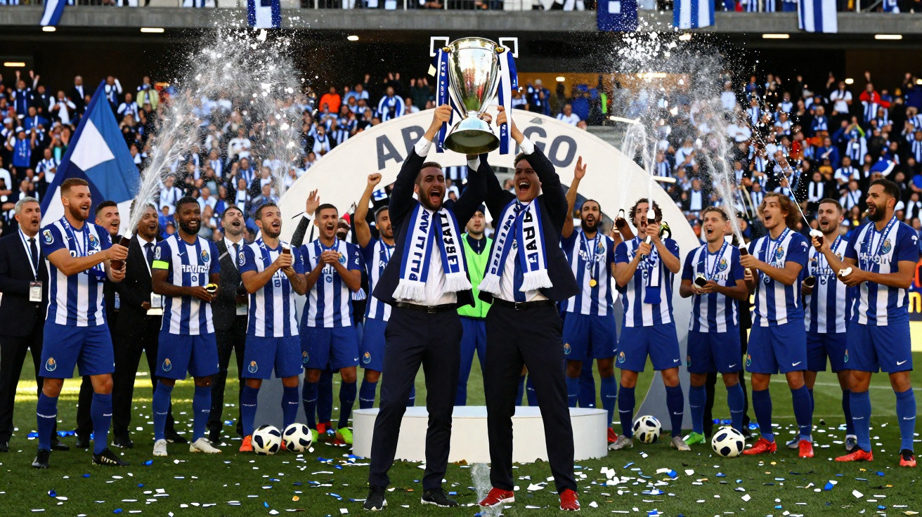 Futebolistas do FC Porto celebram vitória com taça, confetes e champanhe no estádio cheio.