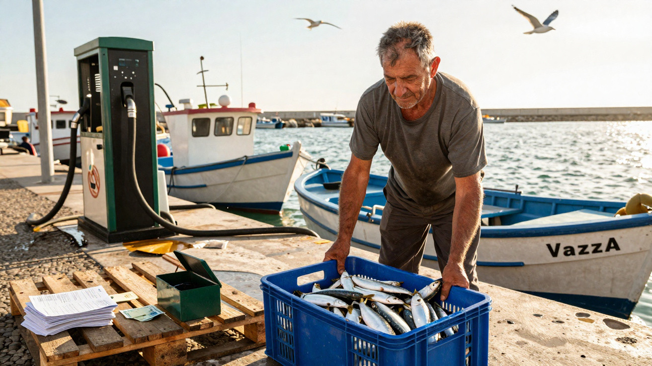Homem recolhe caixa azul cheia de peixe num cais com barcos e gaivotas ao fundo ao pôr do sol.