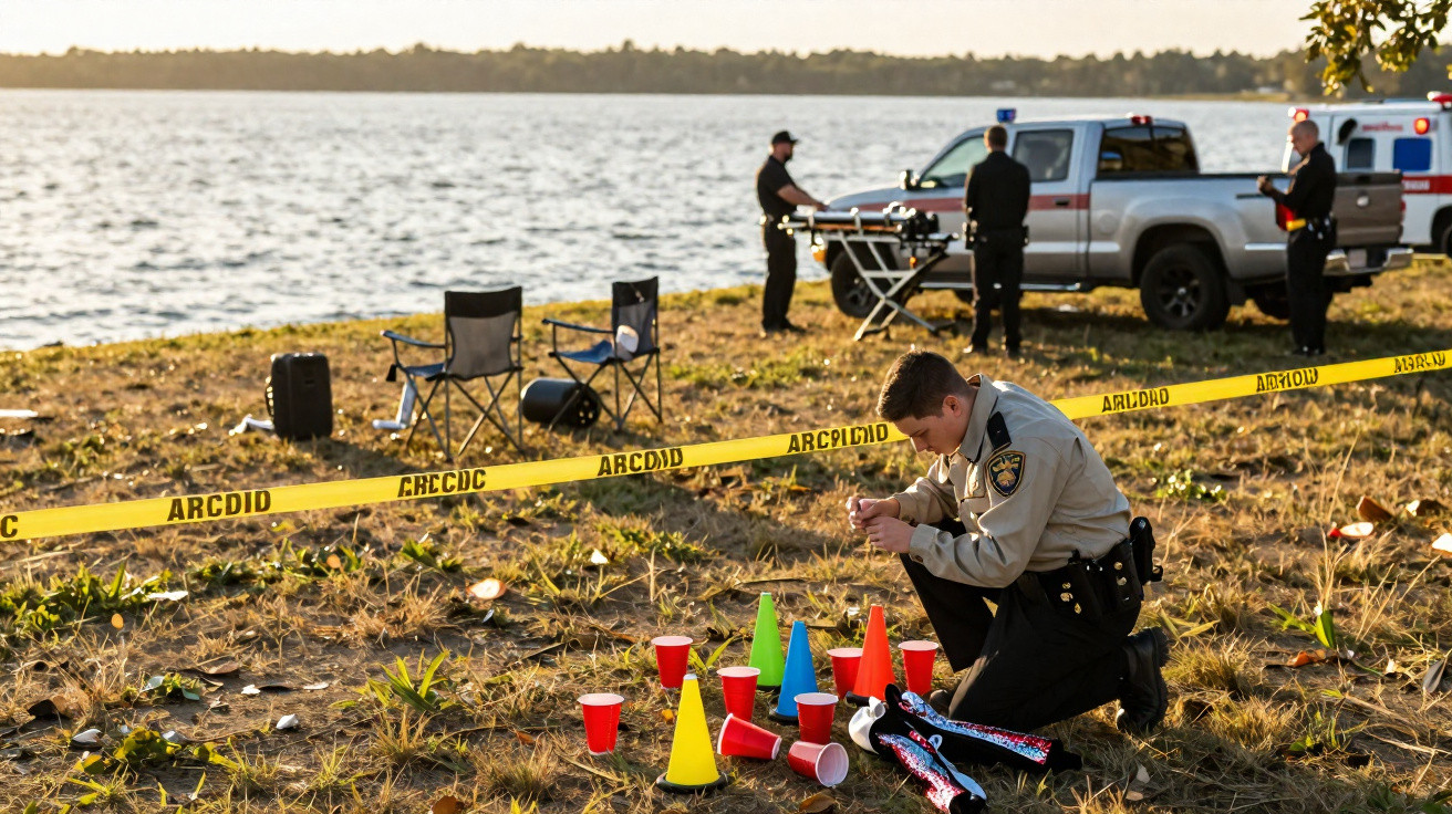 Polícia investiga cena isolada por fita amarela junto a lagos com cones e copos espalhados no chão.