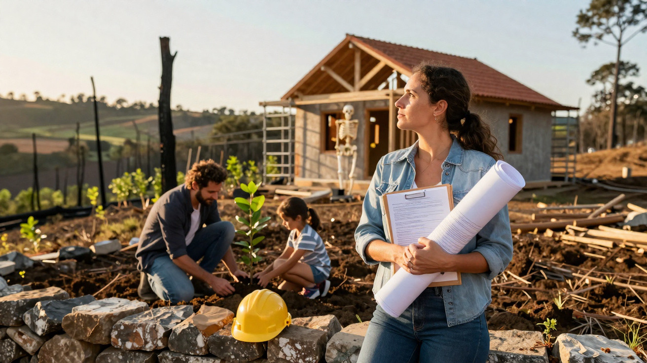 Mulher com plantas e prancheta em frente a casal e criança a plantar num terreno com casa em construção ao fundo.