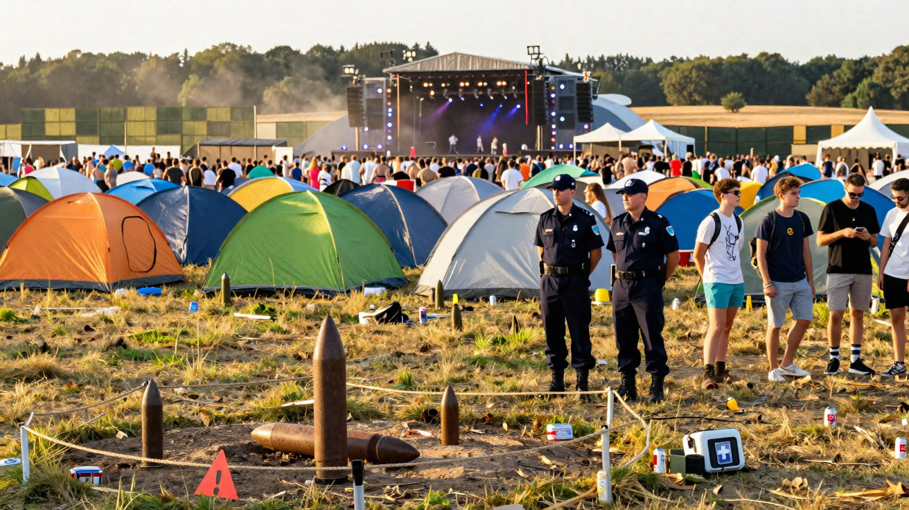 Multidão em festival ao ar livre com tendas, palco iluminado e polícia a vigiar numa área com objetos metálicos.